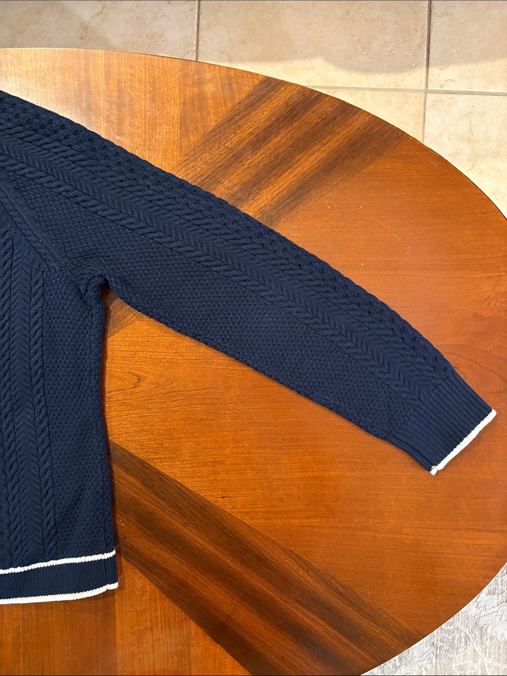 Talbots Women’s Navy Cable Knit Cutaway Cardigan with White Trim - Picture 8 of 9